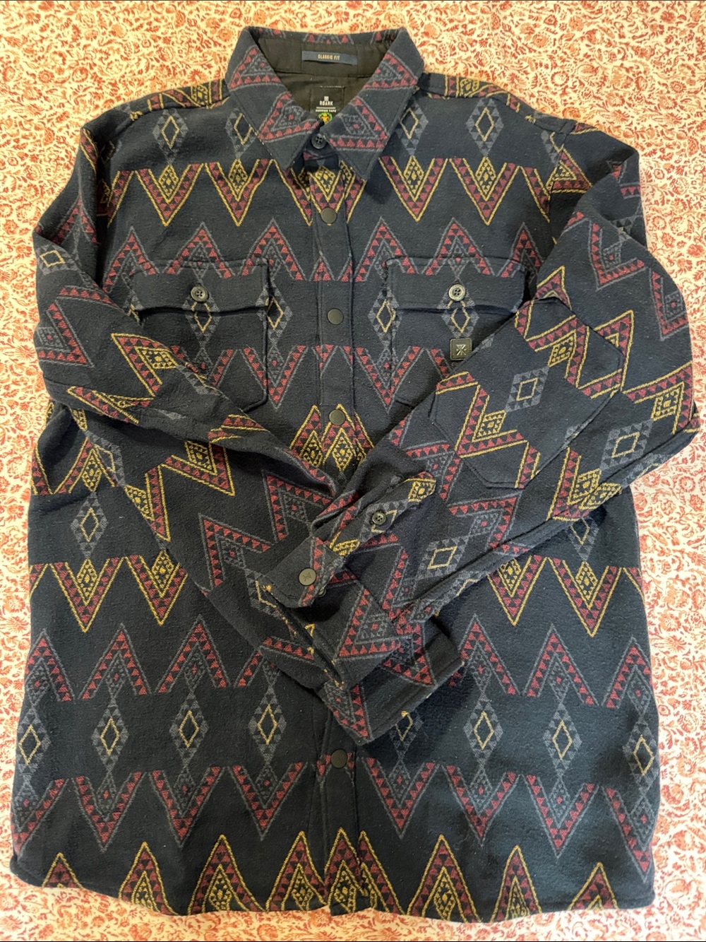 Men's Patterned Button-Up Jacket - Navy with Red & Mustard Accents